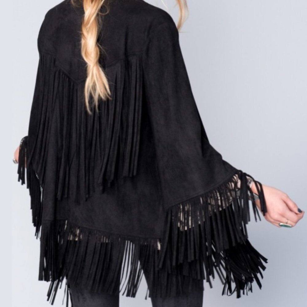 Show Me Your Mumu Marfa Fringe Jacket in Black Faux Suede